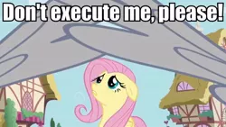 Size: 640x360 | Tagged: a bird in the hoof, caption, derpibooru import, edit, edited screencap, floppy ears, fluttershy, image macro, offscreen character, safe, scared, screencap, solo focus