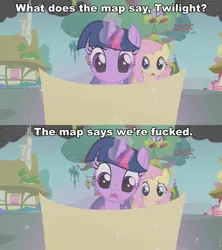 Size: 853x960 | Tagged: derpibooru import, dragonshy, duo, edit, edited screencap, fluttershy, glowing horn, image macro, levitation, magic, map, nightmare on elm street, safe, screencap, telekinesis, twilight sparkle, vulgar