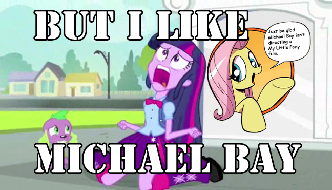 Size: 648x370 | Tagged: safe, derpibooru import, edit, edited screencap, idw, screencap, fluttershy, spike, twilight sparkle, dog, pegasus, pony, equestria girls, equestria girls (movie), bad advice fluttershy, comic, comic sans, crossing the memes, equestria girls drama, exploitable meme, fangirl, female, good advice fluttershy, i am going to hell for this, male, mare, meme, memeception, michael bay, spike the dog, stencil std, trolling, twiscream