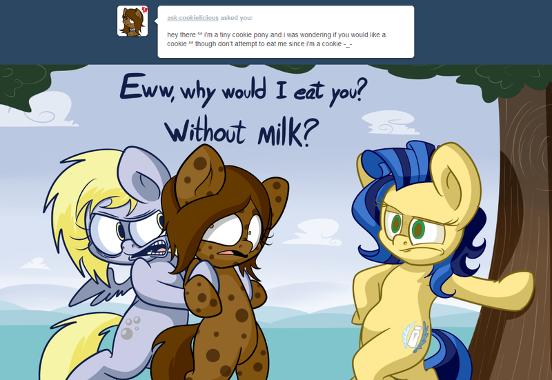 Size: 1162x800 | Tagged: safe, artist:extradan, derpibooru import, derpy hooves, oc, oc:jerky hooves, oc:milky way, pony, bipedal, cookie, female, mare, tree