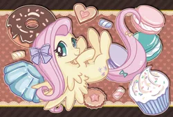 Size: 800x541 | Tagged: artist:silverokami, bow, candy, cookie, cupcake, derpibooru import, donut, fluttershy, jello, safe, solo