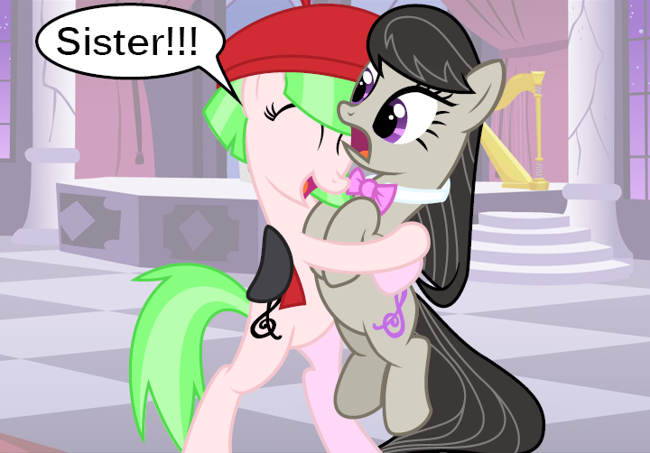 Size: 720x502 | Tagged: safe, artist:violetclm, derpibooru import, drama letter, octavia melody, watermelody, ponified, pony, equestria girls, background human, beret, equestria girls ponified, hug, speech bubble