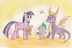 Size: 2230x1501 | Tagged: artist:souleatersaku90, crossover, derpibooru import, safe, spike, spyro the dragon, traditional art, twilight sparkle, watercolor painting