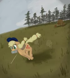 Size: 900x1000 | Tagged: applejack, artist:bitterjitters, dayz, derpibooru import, mouth hold, running, safe, sniper, solo