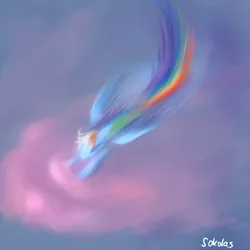 Size: 1000x1000 | Tagged: artist:sokolas, cloud, cloudy, derpibooru import, fast, flying, motion blur, rainbow dash, safe, solo
