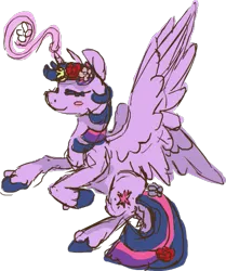 Size: 429x512 | Tagged: safe, artist:weepysheep, deleted from derpibooru, derpibooru import, part of a set, twilight sparkle, twilight sparkle (alicorn), alicorn, pony, eyes closed, flower, flower in hair, flower in tail, flowerhorse, magic, simple background, smiling, solo, transparent background