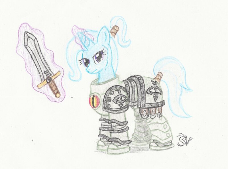 Size: 2018x1497 | Tagged: safe, artist:sensko, derpibooru import, trixie, ponified, pony, unicorn, alternate hairstyle, armor, black legion, crossover, female, luna wolves, magic, mare, pencil drawing, ponytail, power armor, power sword, powered exoskeleton, solo, sons of horus, space marine, sword, tail wrap, telekinesis, traditional art, warhammer (game), warhammer 30k, warhammer 40k, weapon