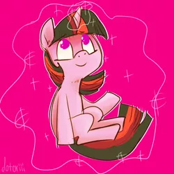 Size: 700x700 | Tagged: dead source, safe, artist:dotoriii, derpibooru import, twilight sparkle, pony, unicorn, filly, looking up, magic, pink background, simple background, smiling, solo