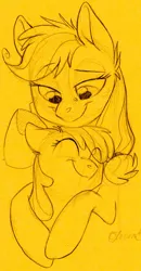 Size: 995x1919 | Tagged: safe, artist:graystripe64, derpibooru import, apple bloom, applejack, earth pony, pony, adorabloom, bow, cute, duo, eyes closed, female, freckles, hug, jackabetes, simple background, sisterly love, sisters, sketch, smiling