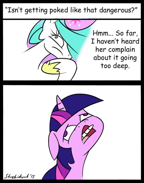 Size: 848x1078 | Tagged: questionable, artist:strebiskunk, derpibooru import, princess celestia, twilight sparkle, alicorn, pony, unicorn, ask horn warmer twilight, 2 panel comic, ahegao, all the way through, comic, comic sans, dialogue, duo, duo female, female, floppy ears, horn penetration, horn warmer, impalement, mare, open mouth, penetration, wall eyed