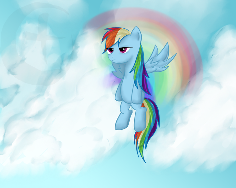Size: 1200x960 | Tagged: safe, artist:argoth, derpibooru import, rainbow dash, cloud, cloudy, flying, frown, glare, solo, spread wings, unamused
