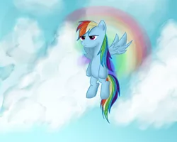 Size: 1200x960 | Tagged: safe, artist:argoth, derpibooru import, rainbow dash, cloud, cloudy, flying, frown, glare, solo, spread wings, unamused