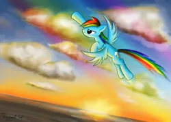 Size: 1400x1000 | Tagged: safe, artist:psychoanalytic, derpibooru import, rainbow dash, cloud, cloudy, flying, solo, sunset