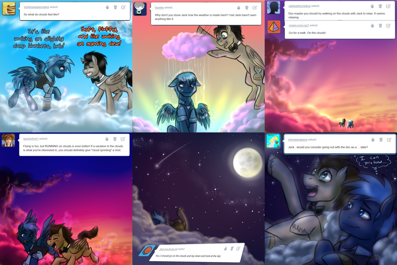 Size: 2244x1499 | Tagged: artist:jitterbugjive, bowtie, cloud, cloudy, comic, derpibooru import, discord whooves, doctor whooves, jack harkness, moon, night, safe, scenery, shooting star, sky, star hunter, stars, sunset, thought bubble, time turner, tumblr