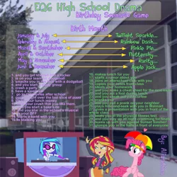 Size: 900x901 | Tagged: safe, artist:alizatina, derpibooru import, applejack, fluttershy, pinkie pie, rainbow dash, rarity, sunset shimmer, twilight sparkle, vinyl scratch, equestria girls, birthday game, exploitable meme, hat, mane six, meme, text, umbrella hat