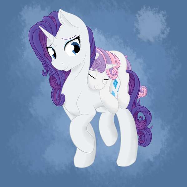 Size: 2000x2000 | Tagged: artist:geomancing, derpibooru import, ponies riding ponies, rarity, riding, safe, sleeping, sweetie belle