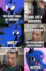 Size: 482x750 | Tagged: safe, artist:johnjoseco, derpibooru import, edit, edited screencap, screencap, nightmare moon, princess luna, alicorn, human, pony, comic, female, glowing eyes, grin, happy, heart, image macro, irl, irl human, mare, open mouth, photo, pretty princess, rearing, sharp teeth, smiling, snickers, spread wings, teeth, text, transformation, wat, wings, you're not you when you're hungry