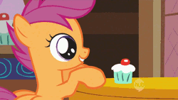 Size: 854x480 | Tagged: animated, apple bloom, call of the cutie, cupcake, derpibooru import, hoof in mouth, safe, scootaloo, screencap