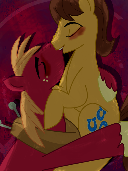 Size: 720x960 | Tagged: suggestive, artist:darkwingsnark, derpibooru import, big macintosh, caramel, earth pony, pony, biting, blushing, caramac, cute, gay, kissing, male, shipping, stallion