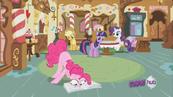 Size: 500x281 | Tagged: animated, crying, derpibooru import, group shot, hubble, hub logo, newspaper, ocular gushers, pinkie pie, ponyville confidential, safe, screencap