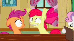 Size: 854x480 | Tagged: animated, apple bloom, book, clubhouse, crusaders clubhouse, cutie mark crusaders, derpibooru import, flailing, floppy ears, hearts and hooves day, hearts and hooves day (episode), loop, reading, safe, scootaloo, screencap, sweetie belle, wacky waving inflatable tube pony