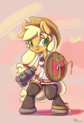 Size: 850x1250 | Tagged: anthro, applejack, artist:alasou, derpibooru import, gauntlet, safe, shield, solo, unguligrade anthro