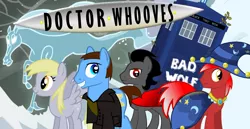 Size: 998x516 | Tagged: safe, derpibooru import, derpy hooves, doctor whooves, king sombra, star swirl the bearded, time turner, oc, pegasus, pony, windigo, bad wolf, doctor who, female, mare, ninth doctor, tardis