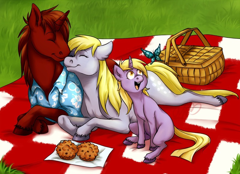 Size: 1280x928 | Tagged: dead source, safe, artist:cartoonlion, derpibooru import, derpy hooves, dinky hooves, oc, oc:rum chaser, butterfly, pony, unicorn, basket, canon x oc, clothes, female, hooves, male, muffin, nuzzling, picnic, picnic basket, picnic blanket, shipping, shirt, straight, unshorn fetlocks