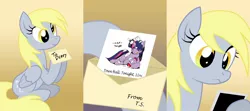 Size: 1800x800 | Tagged: suggestive, artist:kevinsano, derpibooru import, derpy hooves, twilight sparkle, pegasus, pony, exploitable meme, female, lesbian, mail, mare, memento, shipping, sitting, twerpy, underp, whipped cream