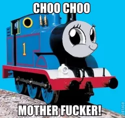 Size: 400x376 | Tagged: derpibooru import, edit, image macro, safe, thomas the tank engine, train, train ponies, twiface, vulgar, wrong neighborhood