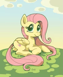 Size: 897x1092 | Tagged: safe, artist:iveechan, derpibooru import, fluttershy, pegasus, pony, cloud, female, looking up, mare, prone, signature, smiling, solo