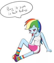 Size: 1280x1484 | Tagged: suggestive, artist:jake heritagu, derpibooru import, rainbow dash, equestria girls, breasts, cleavage, simple background, sweat, white background