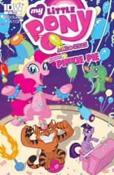 Size: 477x733 | Tagged: artist:yamino, balloon, big cat, circus, clown, confetti, cover, derpibooru import, gummy, idw, juggling, official, piano, pinkie pie, safe, tiger, twilight sparkle