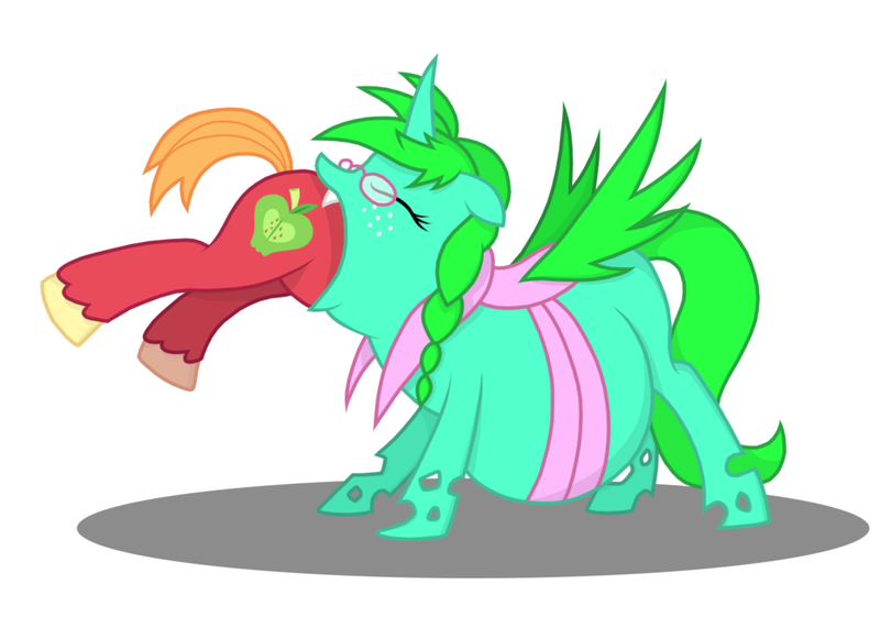 Size: 1024x731 | Tagged: questionable, artist:irateliterate, derpibooru import, big macintosh, oc, changeling, big belly, canon x oc, fetish, glasses, green changeling, head first, impossibly large belly, vore