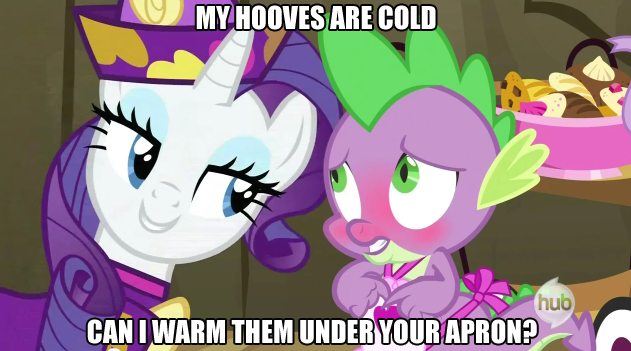 Size: 631x351 | Tagged: safe, derpibooru import, edit, edited screencap, screencap, rarity, spike, dragon, pony, unicorn, dragon quest, apron, bedroom eyes, blushing, caption, clothes, female, hub logo, image macro, male, mare, meme, naked apron, rarity's bad pickup lines, shipping, sparity, straight