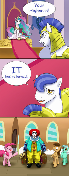 Size: 1376x3508 | Tagged: artist:doublewbrothers, clown, comic, comic sans, derpibooru import, funny, funny as hell, it, lyra heartstrings, pennywise, pinkie pie, princess celestia, pun, royal guard, safe, scene parody, stephen king, the crystal empire, tim curry