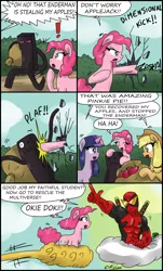 Size: 1852x3070 | Tagged: apple, applejack, artist:ciriliko, awesome, comic, creeper, crossover, deadpool, derpibooru import, dimensional kick, dragon ball, enderman, flying nimbus, fourth wall, kamina sunglasses, kicking, kinto-un, minecraft, pinkie pie, safe, sunglasses, tengen toppa gurren lagann, twilight sparkle, wat