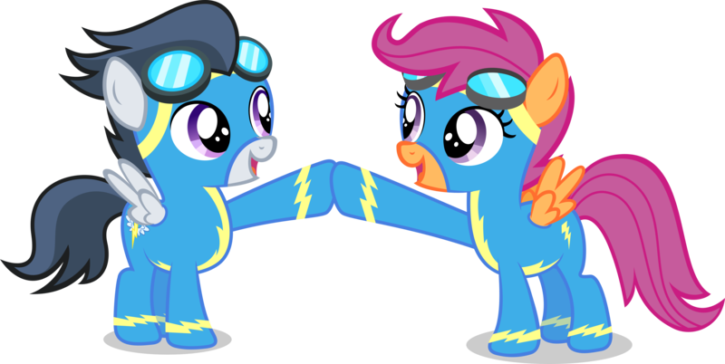 Size: 8000x4022 | Tagged: safe, artist:daringdashie, derpibooru import, rumble, scootaloo, absurd resolution, cute, female, goggles, happy, hilarious in hindsight, hoofbump, male, rumbloo, shipping, simple background, straight, transparent background, vector, wonderbolts, wonderbolts uniform