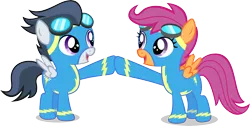 Size: 8000x4022 | Tagged: safe, artist:daringdashie, derpibooru import, rumble, scootaloo, absurd resolution, cute, female, goggles, happy, hilarious in hindsight, hoofbump, male, rumbloo, shipping, simple background, straight, transparent background, vector, wonderbolts, wonderbolts uniform