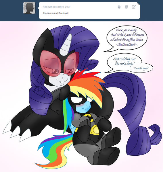 Size: 1545x1635 | Tagged: artist:blackbewhite2k7, batman, catwoman, cuddling, derpibooru import, female, foal, lesbian, rainbow dash, raridash, rarity, safe, shipping, sitting, younger