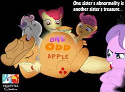 Size: 1041x768 | Tagged: apple bloom, applejack, belly, big belly, bloated, cutie mark crusaders, dead source, derpibooru import, diamond tiara, food baby, impossibly large belly, outie belly button, safe, scootaloo, stuffed, stuffing, sweetie belle, title card