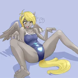 Size: 800x800 | Tagged: anthro, artist:ignore, barefoot, breasts, clothes, derpibooru import, derpy hooves, feet, female, human facial structure, one-piece swimsuit, pixiv, plantigrade anthro, solo, solo female, suggestive, sukumizu, swimsuit, toes