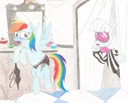 Size: 994x804 | Tagged: artist:wjmmovieman, belly button, bra, changing clothes, clothes, curious, derpibooru import, dressing room, embarrassed, frilly underwear, humiliation, panties, photo finish, polka dot underwear, rainbow dash, suggestive, topless, traditional art, underwear