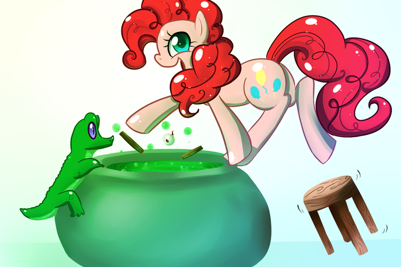 Size: 1800x1200 | Tagged: safe, artist:amberdragonling, derpibooru import, gummy, pinkie pie, friendship is witchcraft, cauldron