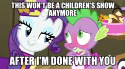 Size: 550x305 | Tagged: safe, derpibooru import, edit, edited screencap, screencap, rarity, spike, dragon, pony, unicorn, dragon quest, apron, bedroom eyes, blushing, caption, clothes, dress, female, food, hat, hub logo, image macro, innuendo, male, mare, meme, naked apron, rarity's bad pickup lines, shipping, sparity, straight, text