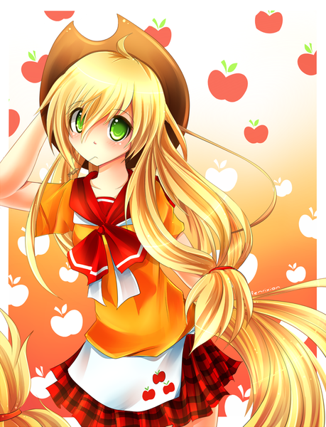 Size: 1100x1437 | Tagged: applejack, artist:fenrixion, derpibooru import, human, humanized, pixiv, safe, solo, tailed humanization