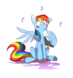 Size: 800x860 | Tagged: dead source, safe, artist:science fox, derpibooru import, rainbow dash, pegasus, pony, blushing, feather, shadow, simple background, sitting, solo, white background, wing gesture, wingboner