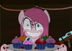 Size: 1600x1136 | Tagged: grimdark, artist:deftwise-zeromain, derpibooru import, pinkie pie, rainbow dash, earth pony, pegasus, pony, fanfic:cupcakes, blood, creepy, cupcake, evil grin, eyeball, food, g4, grin, image, implied murder, insanity, jpeg, pinkamena diane pie, slasher smile, smiling