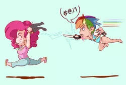 Size: 1280x864 | Tagged: safe, artist:sundown, derpibooru import, pinkie pie, rainbow dash, :p, angry, assisted exposure, chase, clothes, clothing theft, eyes closed, flying, gritted teeth, humanized, knife, panties, pants, running, smiling, tanktop, tongue out, underwear, weapon, white underwear