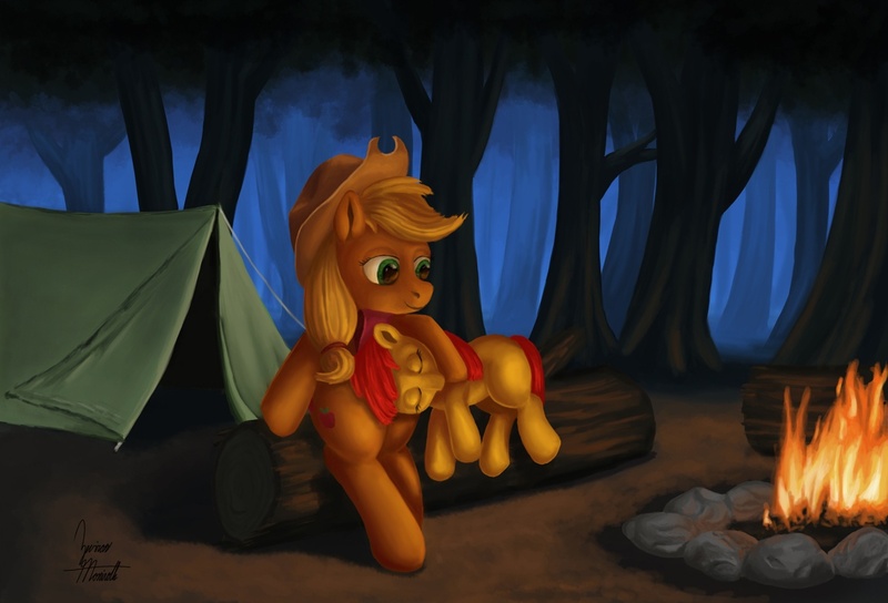 Size: 1150x782 | Tagged: apple bloom, applejack, artist:zevironmoniroth, campfire, camping, derpibooru import, forest, hug, log, night, safe, sitting, sleeping, tent